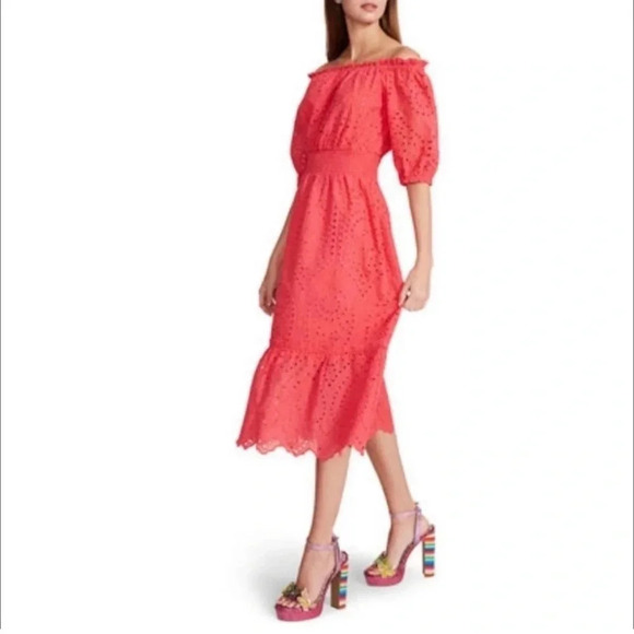 Betsey Johnson Women's Eyelet Midi Puff Sleeve Dress Paradise Pink Sz XS Spring - Picture 2 of 13